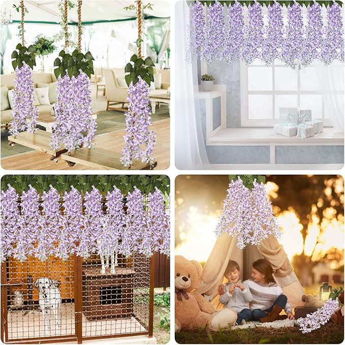 Artificial Lilac Flowers Garland 8Pcs-24Branches 33.5in Fake Syringa Wisteria Vines Faux Silk Lilac Hanging Floral Decoration for Indoor Outdoor Wedding Arch Birthday Party Garden Balcony (Purple)