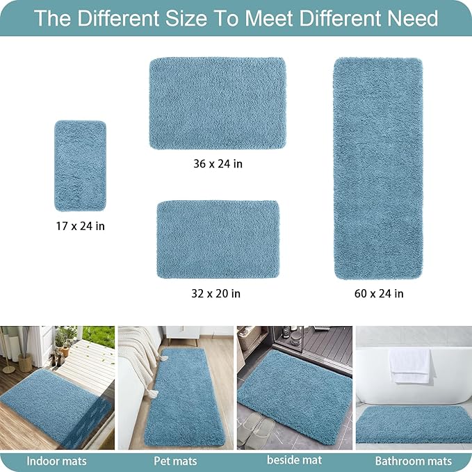 AROGAN Luxury Long Bathroom Runner Rug, 24x60 Inch Thick Soft and Absorbent Non Slip Bath Mat, Rubber Backing Quick Dry Rugs Carpets, Machine Washable Plush Mats for Shower Floor, Little Blue