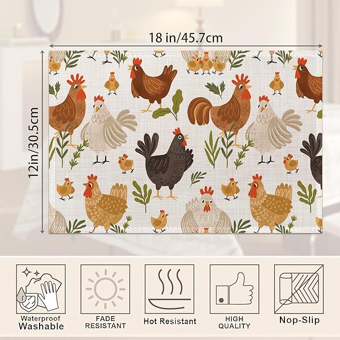 Cute Roosters Chickens Hen Placemats Set of 6, Waterproof Non-Slip Washable Table Mats Set for Kitchen Dining Holiday Party Wedding Decor 12x18 Inch
