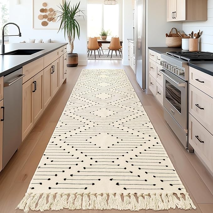 Tritard Boho Runner Rug 2x10 - Washable Lightweight Long Hallway Rug with Tassel, Woven Farmhouse Kitchen Runner Rugs Cotton Aztec Low Pile Thin Carpet for Entryway, Laundry, Bathroom, Beige Cream