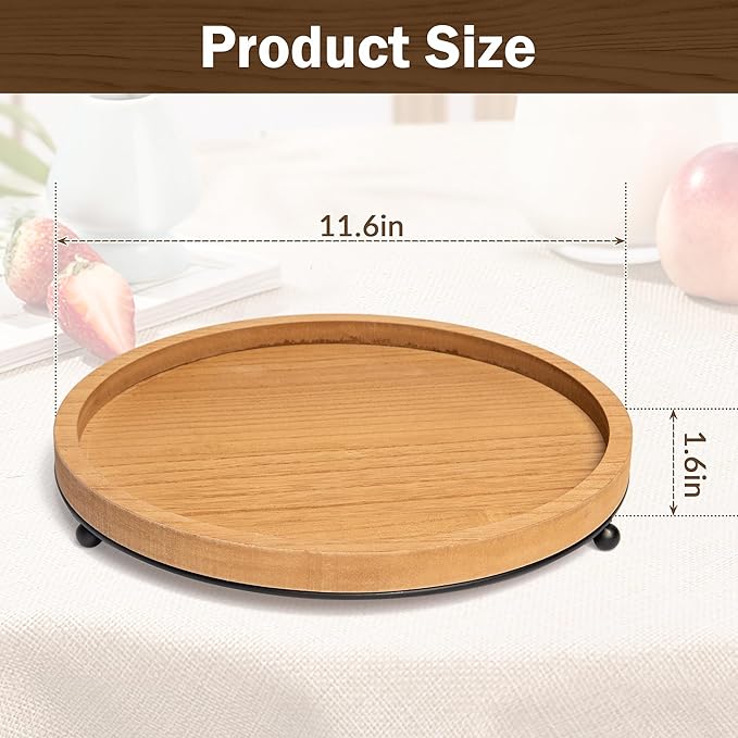 GENMOUS Round Wooden Tray for Coffee Table, Decorative Tray with Iron Bead for Home Decor, Candle Tray Rustic Farmhouse Trays Centerpiece for Living Room Decor, Kitchen Counter Table Dining Decor