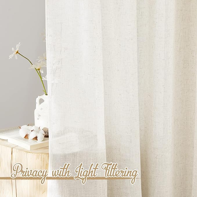 NICETOWN Linen Curtains for Bedroom 95 inch Long, Grommet Flax Linen Weave Window Curtains & Drapes Semi Sheer Privacy with Light Filtering for Living Room, W42 x L95, 2 Panels