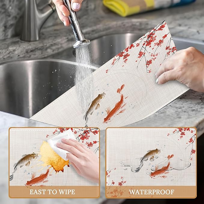 Japanese Cherry Blossom and Fish Placemats Set of 6 Place Mats for Kitchen Table Washable Farmhouse Linen Table Mats Dining Decoration 12x18 Inch