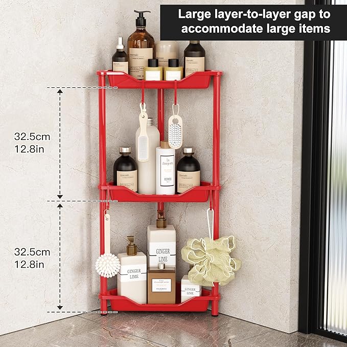 Orimade Rustproof 3 Tier Floor Standing Corner Shower Caddy Organizer, Plastic Metal Splicing Floor Corner Shelf Rack Stands for Bathroom, Red