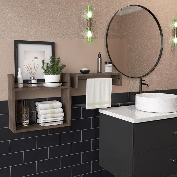 RICHER HOUSE Floating Shelves, Wall Shelves Above Toilet Wall Storage, Wall Mounted Bathroom Shelves with Towel Bar, Shelves for Bedroom, Kitchen, Vanity Shelves Room Decor Wall Cabinet - Brown