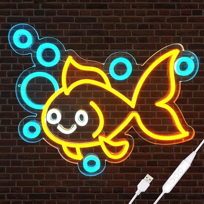 Fishing Neon Signs for Wall Decor,Bright Dimmable Led Goldfish Fish Animal Neon Light Powered by USB for Fishing Decor Room Bedroom Birthday Party Kids Gifts Man Cave Living Room