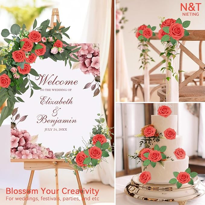 N&T NIETING Artificial Flowers 25pcs Real Looking Coral Foam Fake Roses with Stems for DIY Wedding Bouquets Bridal Shower Centerpieces Floral Arrangements Party Tables Home Decorations