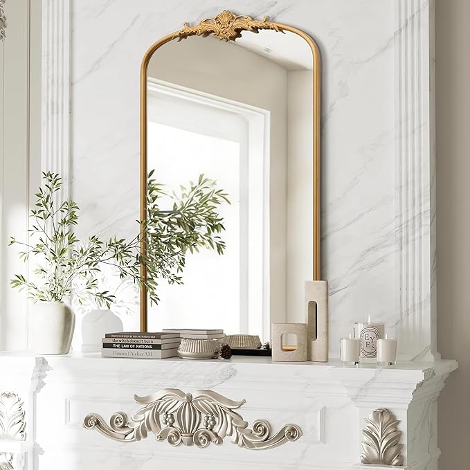 Antique Baroque Arched Mirror: 24"x42" Gold Vintage Wall Mounted Mirror - Traditional Ornate Metal Frame - Ideal for Entryway/Living Room/Hallway/Bathroom