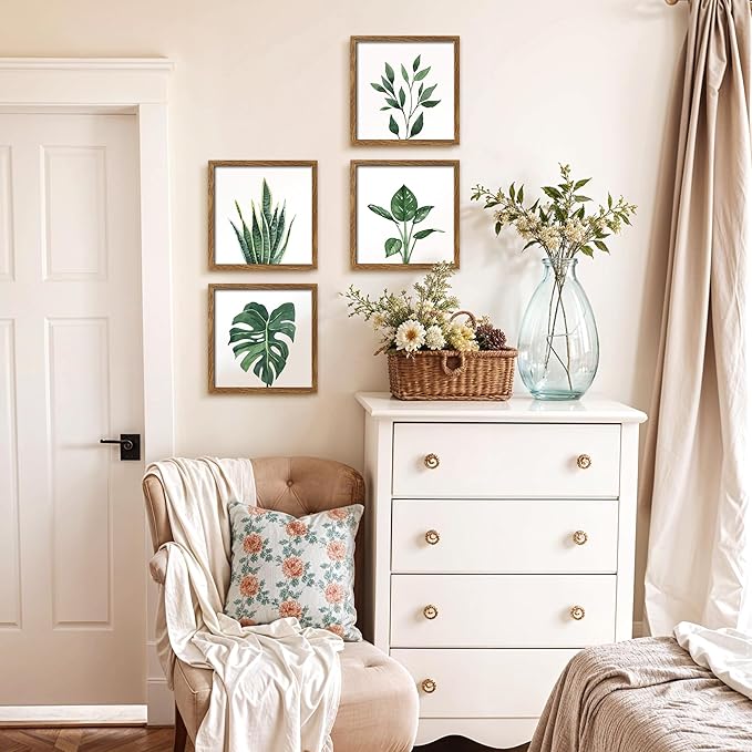 ArtbyHannah Framed Bathroom Wall Decor, Botanical Wall Art with Sage Green Plant Print for Bedroom Decoration, Minimalist Restroom Decor(Walnut, 8x8 Inch)