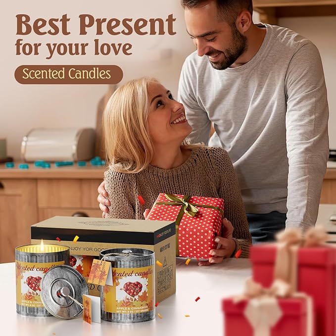 Vintage Scented Candles Gift Set (2 x 8 oz) - Apple & Cinnamon Aromatherapy Candle, Natural Soy Wax Candle, (2 x40) Hours Burn, 8% Fragrance Oil, Holiday Gifts for Home Decor, Relaxation & Christmas