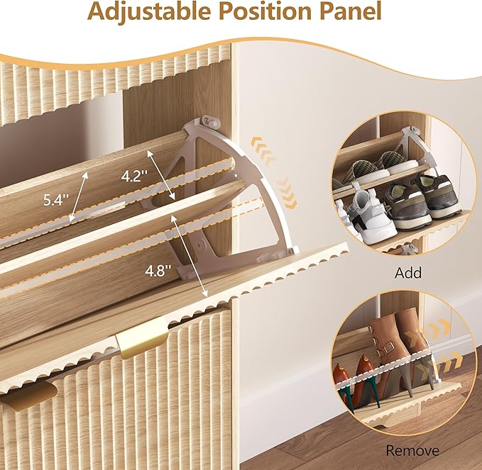 Shoe Cabinet Storage for Entryway with 4 Flip Drawers, Oak Fluted Shoe Cabinet with Adjustable Shelves, Wooden Hidden Shoes Rack Freestanding Narrow Slim Shoes Storage for Hallway, Entrance