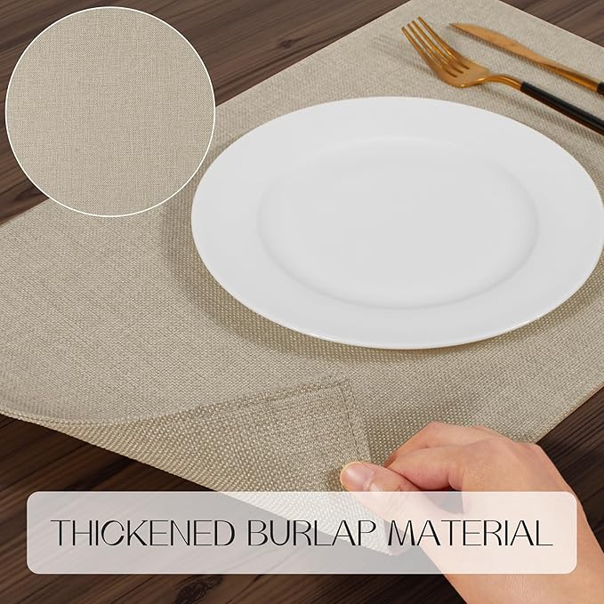 Romanstile Cloth Placemats Set of 8-12 x 18 Inch, Heat Resistant Double Layered Thickened Burlap Place Mats, Washable Faux Linen Farmhouse Table Mats for Kitchen/Dining/Party/Outdoor, Beige