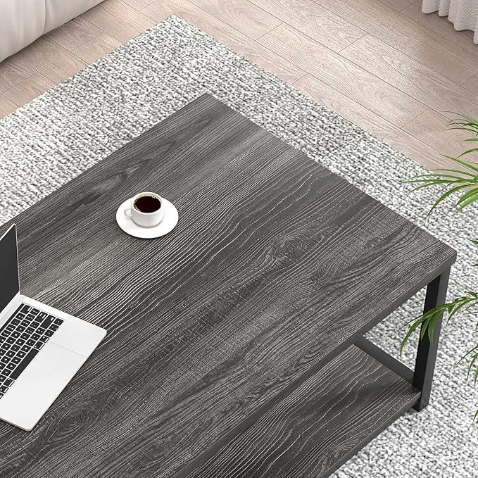 FOLUBAN Industrial Coffee Table with Storage Shelf, Modern Rustic Wooden and Metal Rectangle Center Table for Living Room, Dark Gray, 47 Inch
