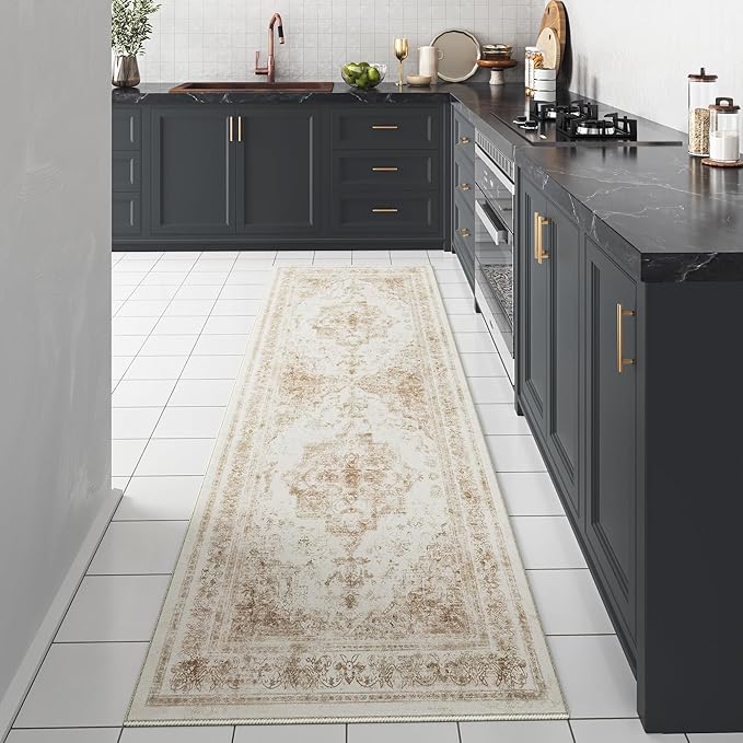 Runner Rug 3x7 Washable Beige Hallway Runner Vintage Boho Medallion Non Slip Distressed Retro Carpet Indoor Low Pile Long Soft Rug for Kitchen Entryway Bedroom Bathroom Laundry