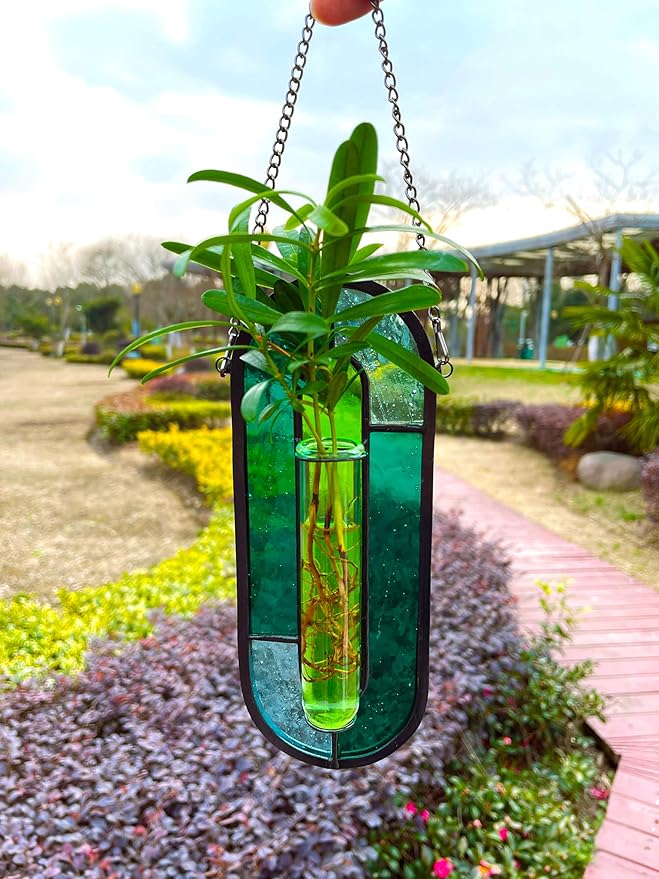LITMIND Stained Glass Plant Propagation Station, Hanging Hydroponic Planter Terrarium with 2 Glass Tubes - Perfect for Home & Garden Décor