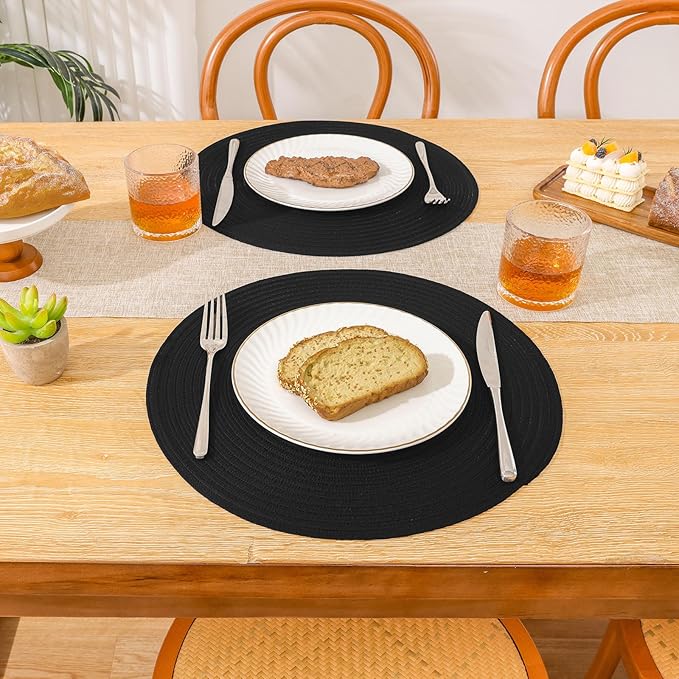 SHACOS Round Braided Placemats Set of 4 Heavy Cotton Polyester Washable Round Table Mats for Dining Tables 15 inch Non Slip Heat Resistant (Black, 4)