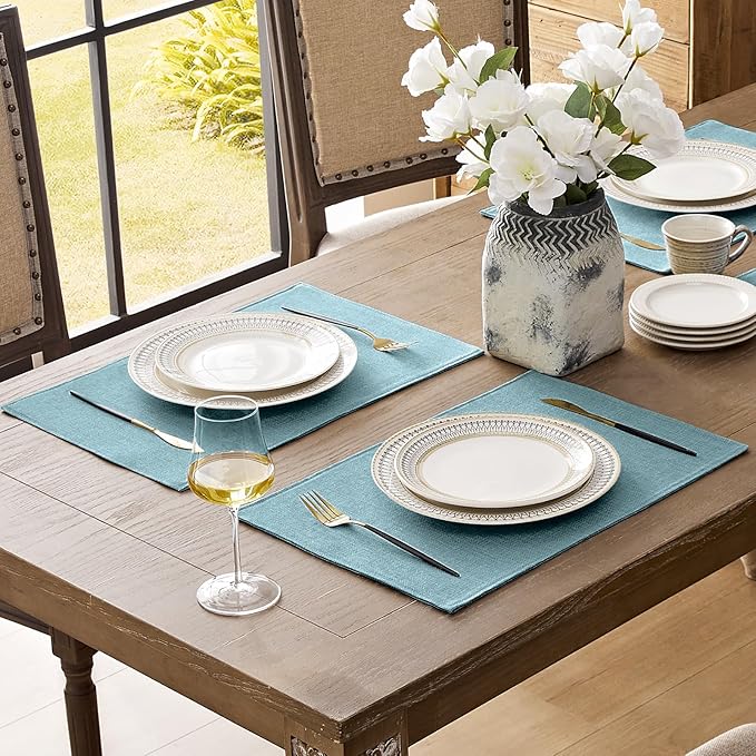 Romanstile Cloth Placemats Set of 8-12 x 18 Inch, Heat Resistant Double Layered Thickened Burlap Place Mats, Washable Linen Farmhouse Table Mats for Kitchen/Dining/Party/Outdoor, Teal