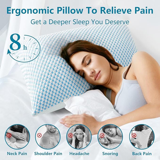 Shredded Memory Foam Pillows Standard Size Set of 2 Pack, Adjustable Cooling Bed Pillow for Side Back Sleepers with Washable Removable Cover