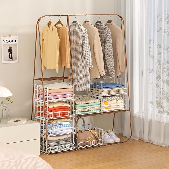 4-Tier Sliding Closet Organizers and Storage Shelves, Stackable Closet Shelf Organizer Basket Bins, Drawer Shelf Storage Container for Wardrobe Cupboard Kitchen Bathroom Office, White