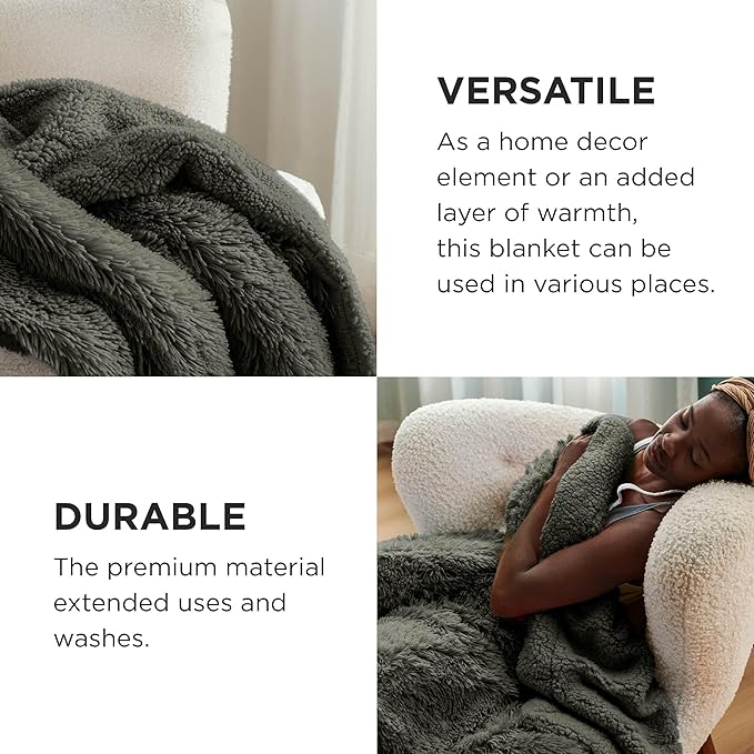 Bedsure Fluffy Olive Green Throw Blanket Gifts for Women, Men, Soft Fleece Cozy Fuzzy Sherpa Plush Warm Minky Thick Faux Fur Throws for Couch, Dark Green Decor House Blanket Gifts for Her, 50x60