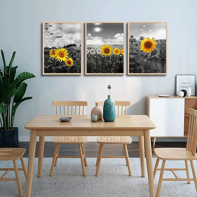 hyidecorart Natural Framed Wall Art For Living Room Large Wall Decor For Kitchen Sunflower Flowers Wall Paintings Black And White Wall Pictures Artwork Bedroom Room Decor Set of 3 Piece Prints Art