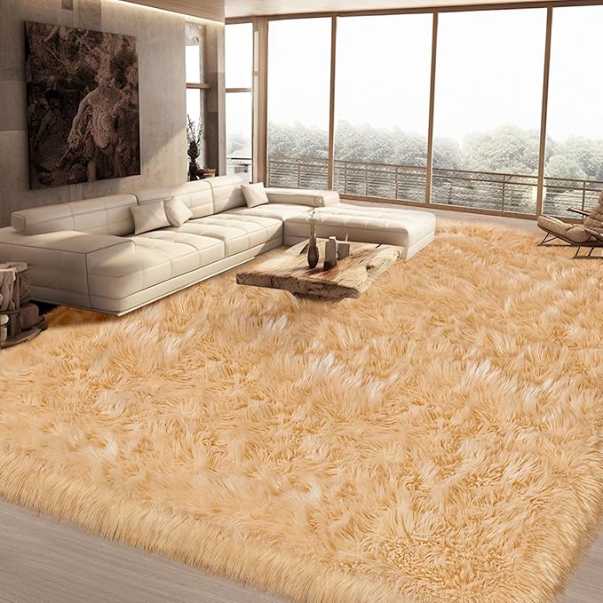Ciicool Fluffy Faux Fur Area Rug 8 x 10 Feet, Beige Faux Sheepskin Rug Area Rug Large Shag Rug, Thick Shaggy Fuzzy Rugs Floor Carpets for Living Room, Bedroom, Dorm, Luxury Room Decor, Rectangle