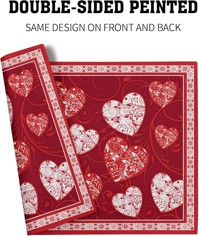 Giwawa Love Heart Placemats Set of 4, Valentines Day Red White Hearts Print Linen Place Mat 12x18 Inch, Romantic Non-Slip Washable Table Mats Kitchen Dining Tabletop Holiday Party Wedding Decor
