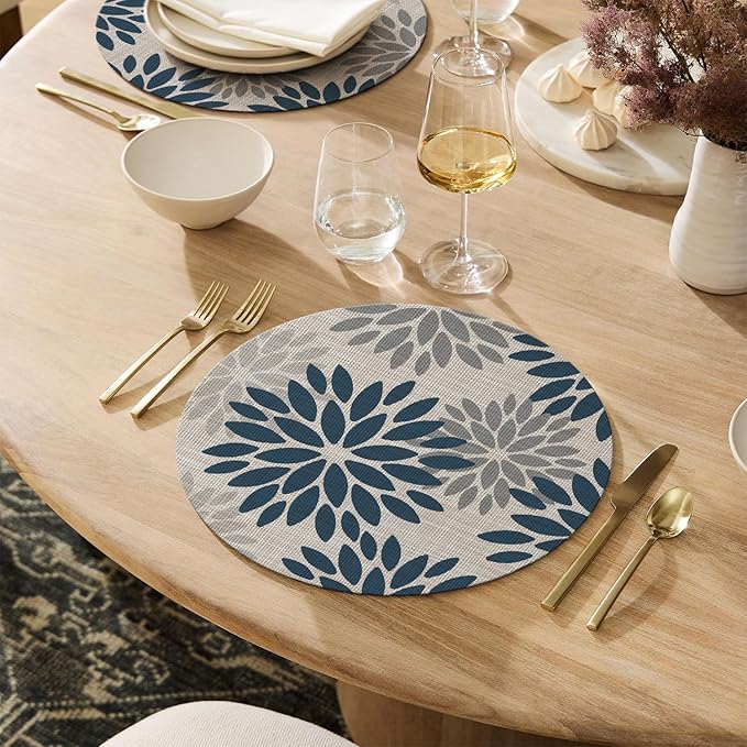 Artoid Mode Navy Dahlia Plastic Round Placemats Set of 4, 14 Inch Seasonal Wipeable Woven Vinyl Table Mats for Farmhouse Party Kitchen Dining Decor