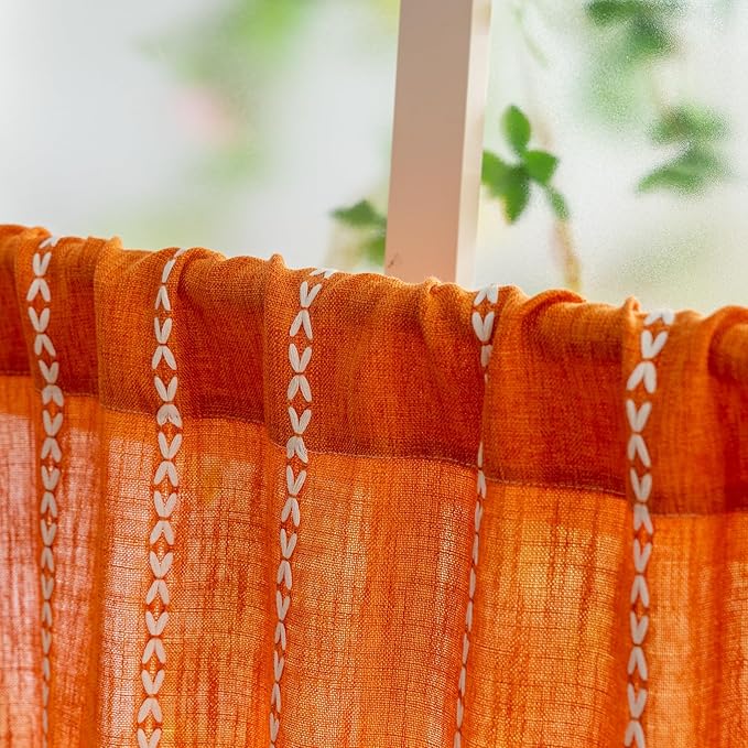 Sutuo Home Boho Kitchen Curtains Valance for Windows, Bohemian Short Curtains Light Filtering Farmhouse Vintage Tassels Window Treatment Embroidery Drape, Rod Pocket 1 Panel 52" W x 18" L, Orange