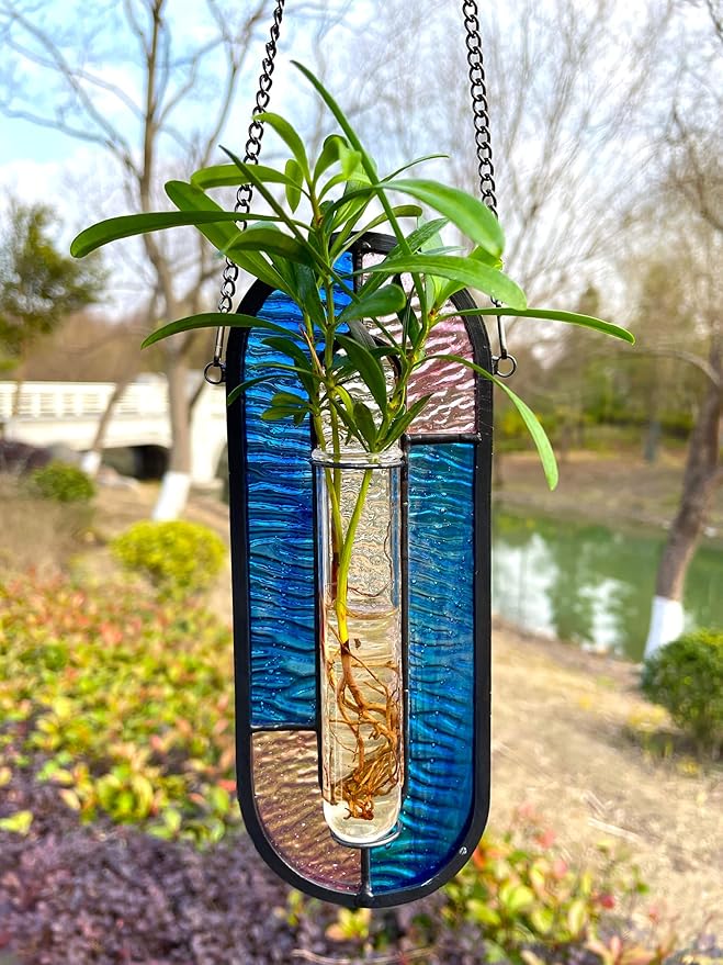 LITMIND Stained Glass Plant Propagation Station, Hanging Hydroponic Planter Terrarium with 2 Glass Tubes - Perfect for Home & Garden Décor