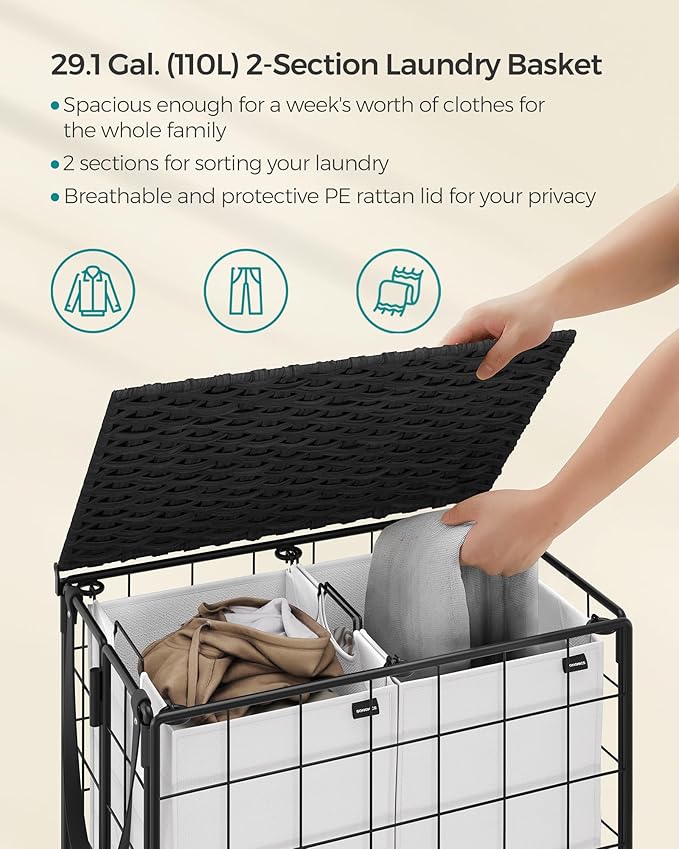 SONGMICS Laundry Hamper, 110L Laundry Basket with Lid, Clothes Hamper with Wheels, Collapsible Removable Liner Bag, Iron-Made Laundry Sorter, Ink Black and Cloud White ULCB211B12