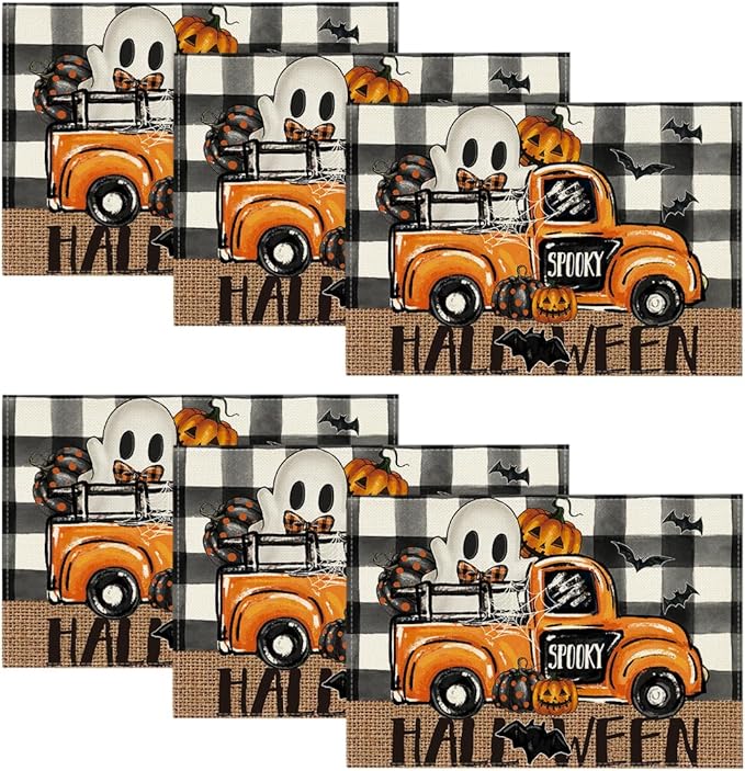 Artoid Mode Buffalo Plaid Bat Ghost Truck Spooky Halloween Placemats Set of 6, 12x18 Inch Seasonal Table Mats for Party Kitchen Dining Decoration