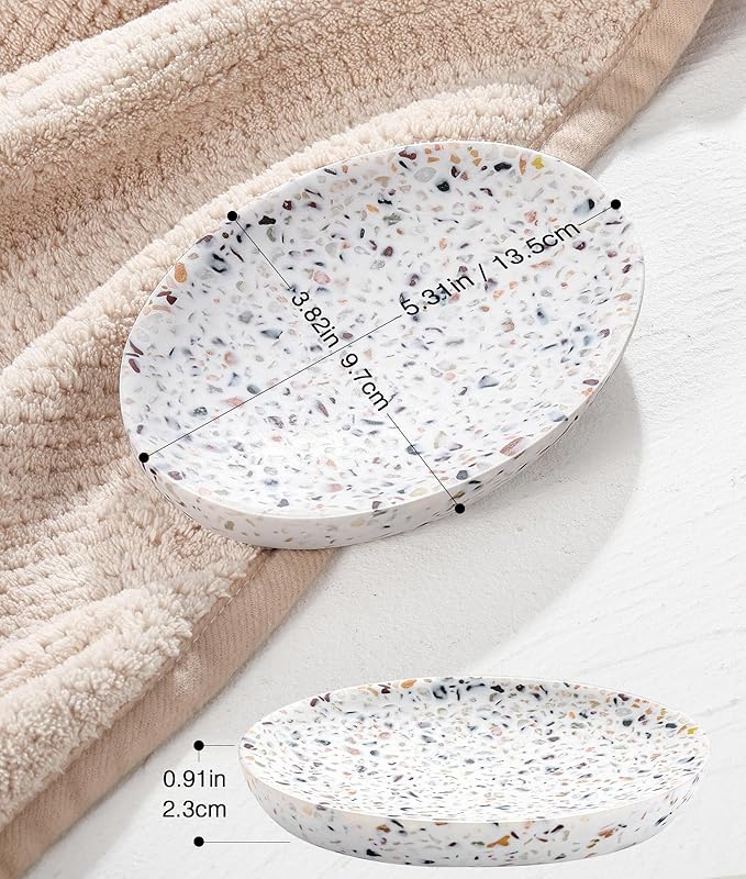 Luxspire Soap Dish, Resin Soap Tray Soap Holder Container Box, Oval Soap Plate Case, Sponge Dish Scrubbers Tray Holder for Bathroom Vanity Shower Kitchen Sink Counter Top, Terrazzo