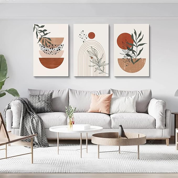 Boho Wall Art - Mid Century Modern Set of 3 Abstract Geometric Prints, Black Beige Terracotta, Framed Canvas Artwork for Living Room, Bathroom, Bedroom Decor
