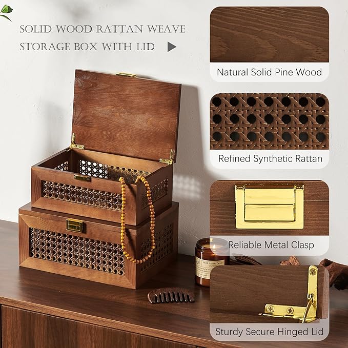 Decorative Rattan Storage Boxes Solid Wood Woven Baskets Bins with Lid Keepsake Memory Jewelry Box Natural Boho Shelf Wicker Closet Desk Organizer Container (Walnut Color, Large Size)