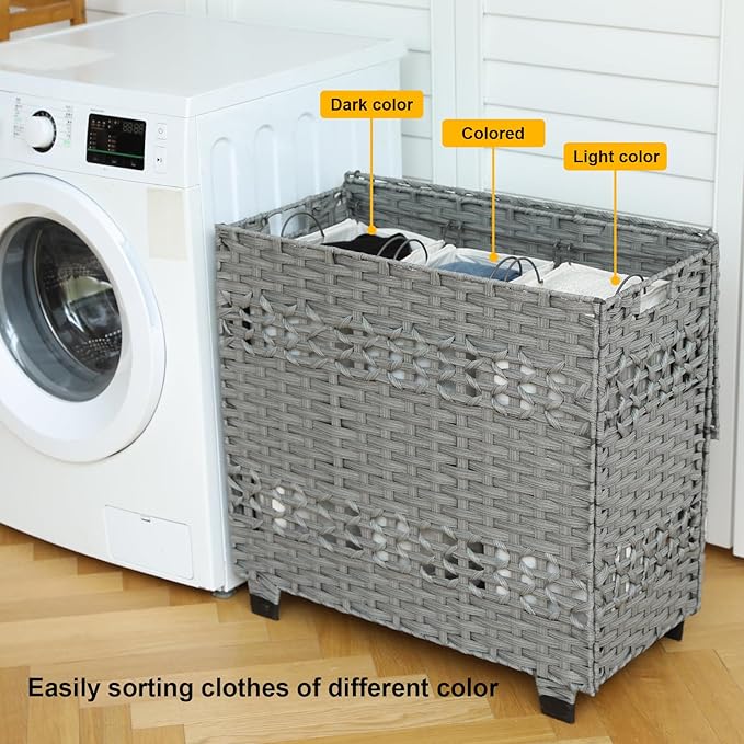 OIAHOMY Laundry Hamper with Lid, 140L Clothes Hamper with 3 Removable Liner Bags, Foldable Basket with Lid, Synthetic Wicker Laundry Basket for Bedroom, 27x 13 x 26 Inches, Grey
