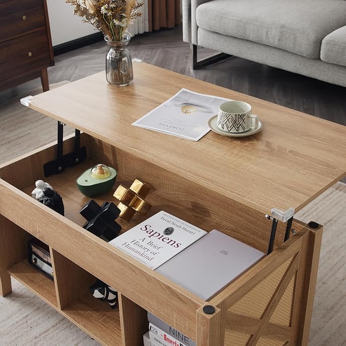 VINGLI Lift Top Coffee Table, Oak Top with Rattan Frame, Farmhouse Cross-Sided Design, with Storage Shelf/Hidden Compartment, Gas Lift Mesa De Centro para Sala Pop Up Coffee Table
