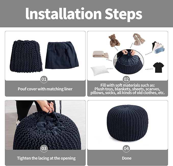 HOMBYS Unstuffed Ottoman Pouf Cover, 100% Cotton Handmade Knitted Ottoman Pouf Cover Round Foot Stool, Floor Bean Bag Chair, Foot Rest Storage for Living Room Bedroom, Navy Blue(Cover ONLY NO Filler)