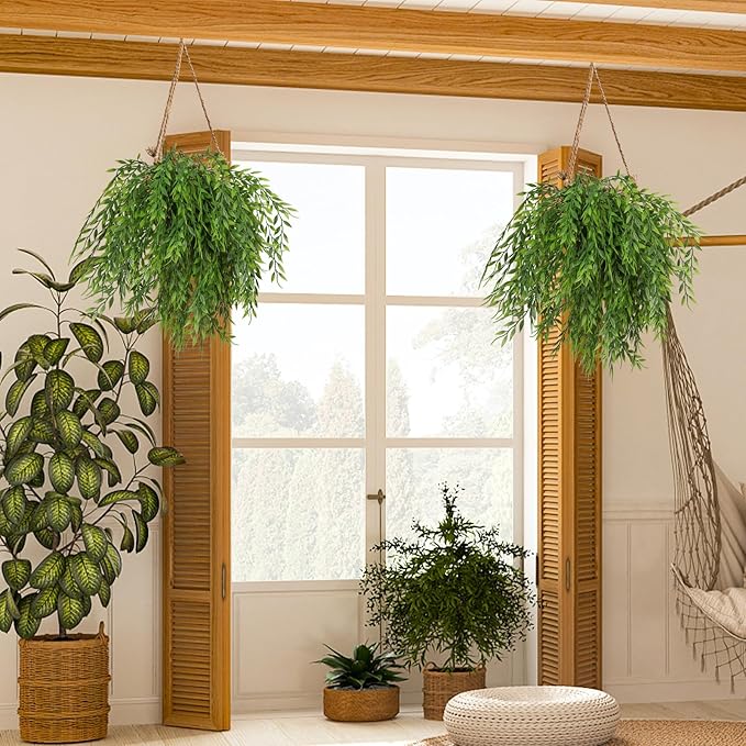 Artificial Weeping Willow 6Pcs, Plastic Plants Greenery Leaves Twig Fake Hanging Vine Faux Ivy Garland UV Resistant for Indoor Outdoor Home Garden Wall Baskets Wedding Party Table Planter Filler Decor