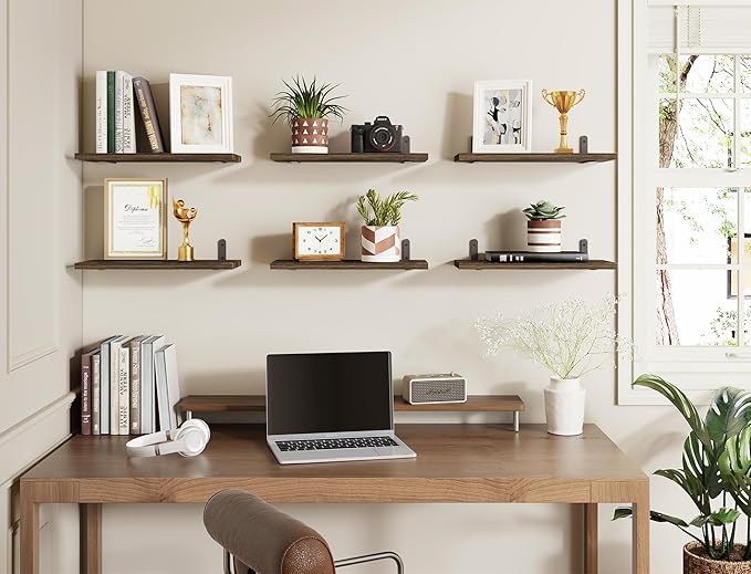 Fixwal Wood Floating Shelves - Set of 6, Wall Mounted, Farmhouse Style for Bedroom & Bathroom