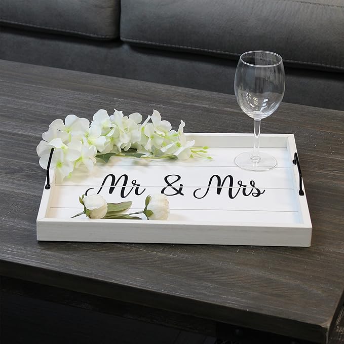 Elegant Designs HG2000-WMM Decorative Wood Serving Tray w/Handles, 15.50" x 12", Mr. & Mrs.