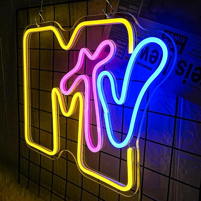 Neon Sign for Wall Decor - MTV Neon Light Up Sign Yellow LED Neon Light for Bedroom, Music Room, Record Room, Recording Studio, Bar Decoration