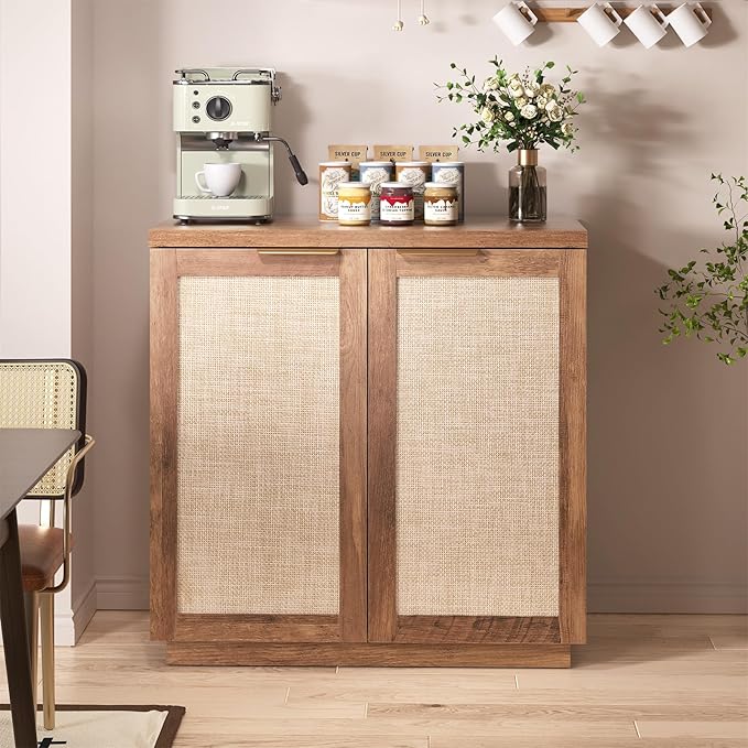HOMMPA Rattan Sideboard Buffet Kitchen Storage Cabinet with Doors Boho Large Wood Cabinet with Adjustable Shelves for Dining Room Kitchen Living Room Hallway Entry Natural Brown
