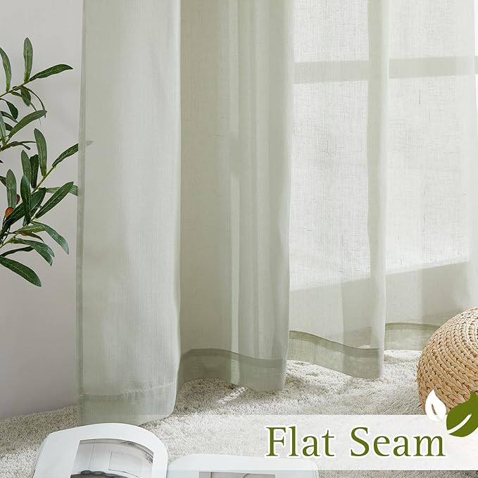 NICETOWN Linen Sheer Curtains Flax Textured, Grommet Top Casual Thick Semitransparent Flax Sheer Privacy Window Treatment for Loft/Apartment, Sage Green, W52 x L63, Sold by 2 Panels
