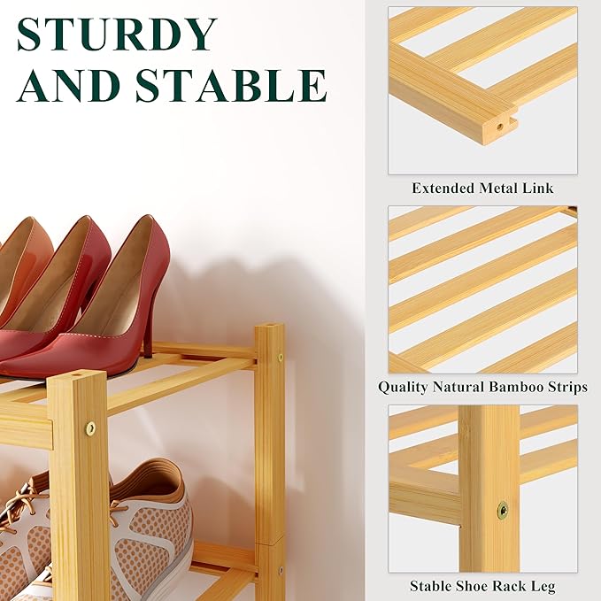 Smiry Bamboo Shoe Rack for Closet, 6 Tier Wooden Stackable Shoe Organizer, Free Standing Shoes Storage Shelf for Entryway, Front Door Entrance, Natural