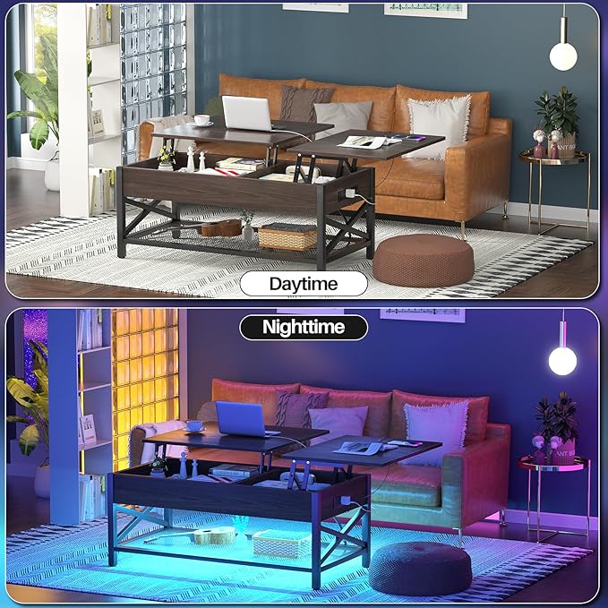 Aheaplus Coffee Table, Lift Top Coffee Table with LED light and Power Outlet, Modern Lift-Top Table with Storage Shelf, Center Table for Living Room with Lift Tabletop, X Support Metal Frame, Espresso