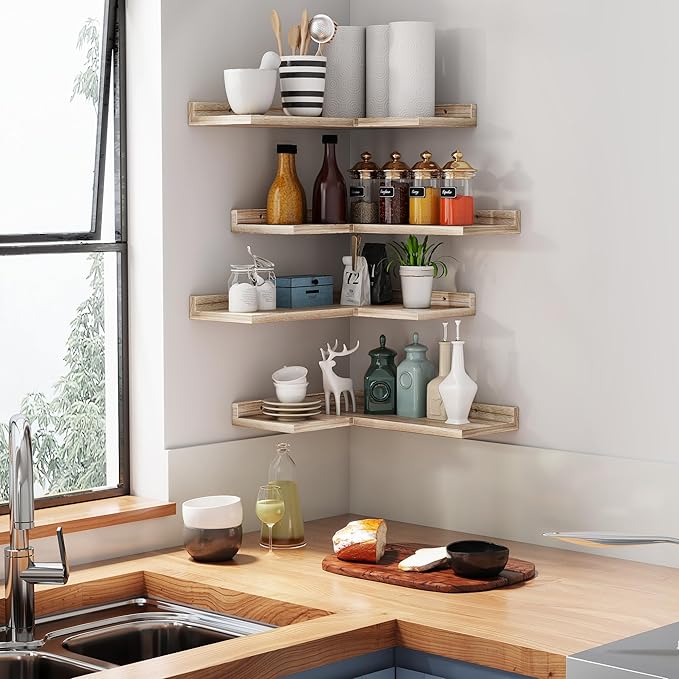 4 Tier Floating Corner Shelves - Set of 4 Rustic Wooden Floating Corner Wall Shelf with Cord Hole, L Shaped Corner Shelf Wall Mount for Bedroom,Living Room,Bathroom,Kitchen,Carbonized Black