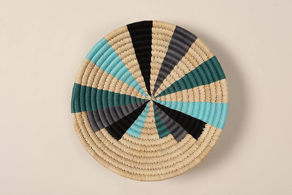 Set of 5 Round Boho Hanging Wall Basket Home Decor for Bedroom, Kitchen, Farmhouse Handmade Decorative Unique Indian Wall Decor Woven Wicker Baskets Christmas Gifting (Green Blue, Vivid)