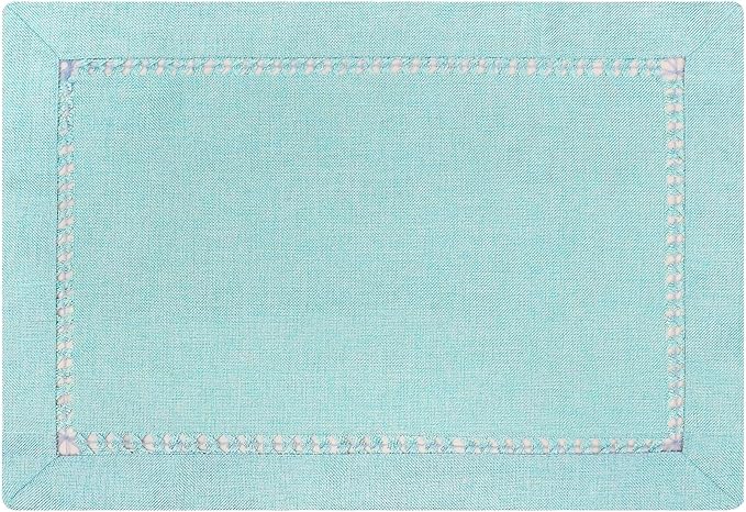 Grelucgo Set of 4 Handcrafted Solid Aqua Color Dining Table Place-mats, Double-Hemstitched, Rectangular 12 x 18 Inch