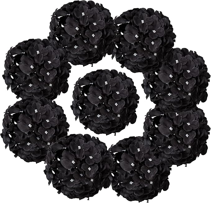 Flojery Black Silk Hydrangea Heads Artificial Flowers Heads with Stems for Home Wedding Decor,Pack of 10(Black)